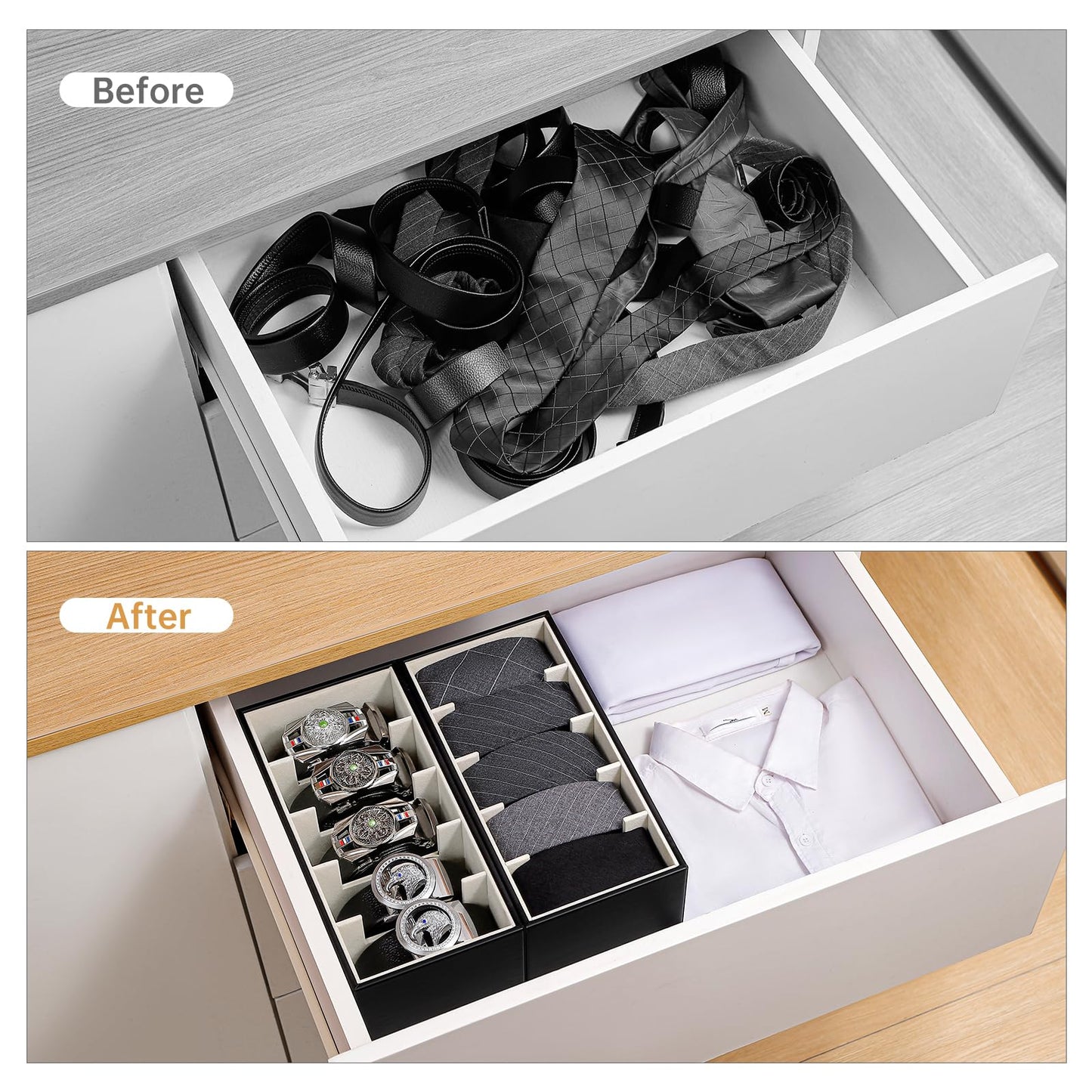 Coorganisers 2 Packs Leathers Belt Organizer for Closet and Drawer, Stackable 5 Grids Dresser Drawer Organizers, Belt Tie Holder for Men,Tie Box-Black