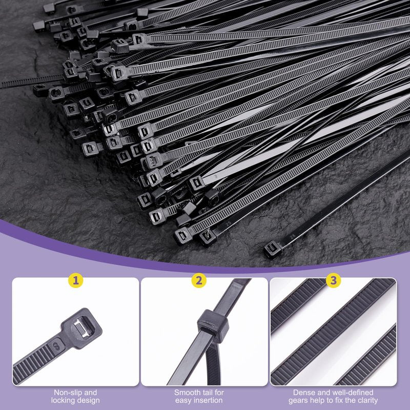 DAQIANG 12 Inch Zip Ties (100 Pack) - 45 lb Tensile Strength, Black Self-Locking Nylon Cable Ties for Indoor & Outdoor Use