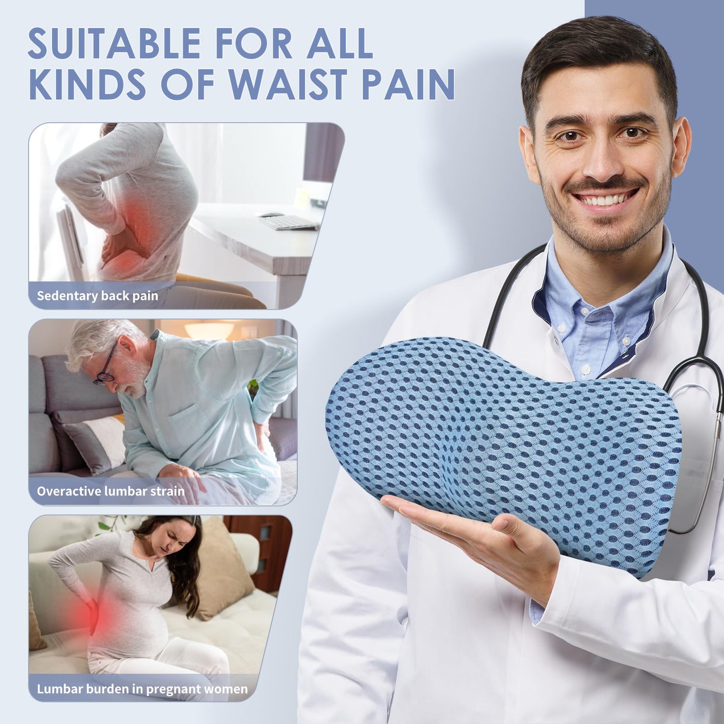 kasney Lumbar Support Pillow Ergonomic Memory Foam, Relieve Back Pain, CMFY Breathable & Detachable & Washable, Perfect for Office Chairs, Car Seats, Beds (Blue)
