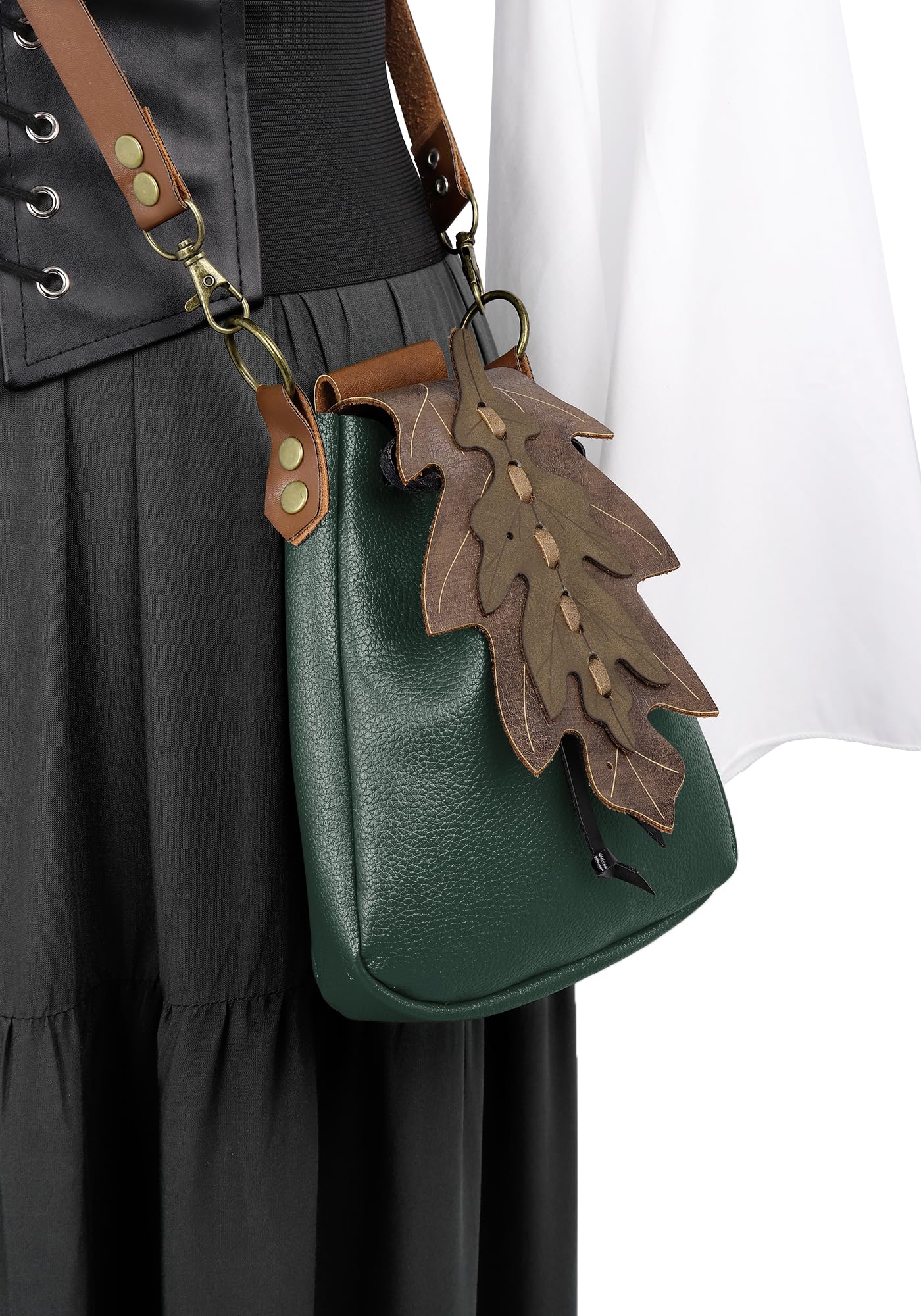 PROCOS Medieval Drawstring Faux Leather Shoulder Bag & Belt Pouch Renaissance Vintage Waist Pack Halloween Fairy ELF Cosplay (Green)