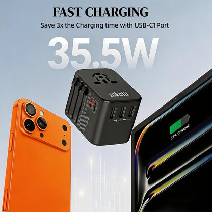 Universal All in One 35.5W Worldwide Travel Adapter with PD&QC 3.0 Dual USB-C, 3 USB Travel Adapter Worldwide, International Power Adapter with Type I C G A Outlets 110V 220V A/C-EU Euro US UK