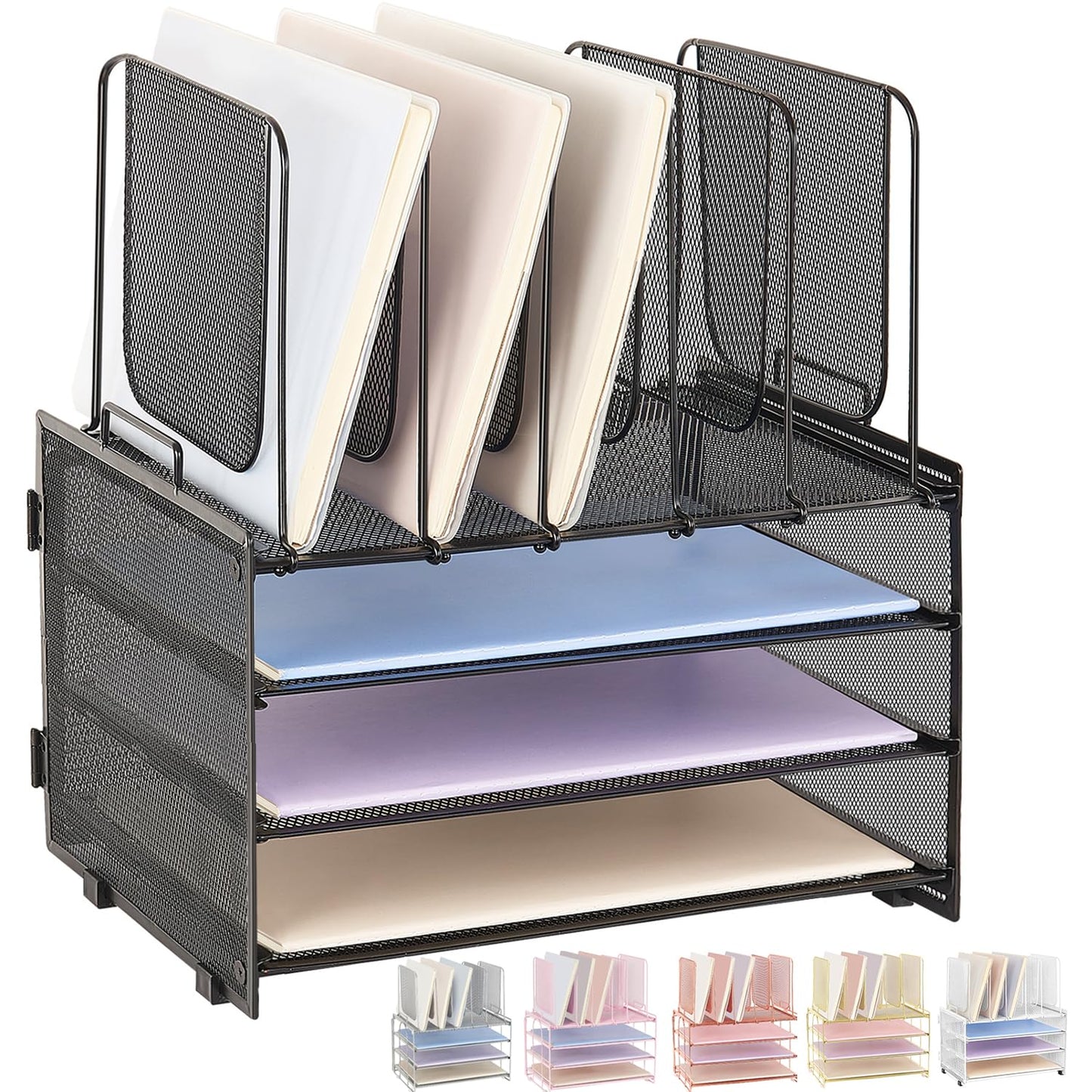 LEKETREE Desk Organizers and Accessories, 3-Tier Paper Organizer with 5 Vertical File Holders, File Folder Organizer (Black, 3T)