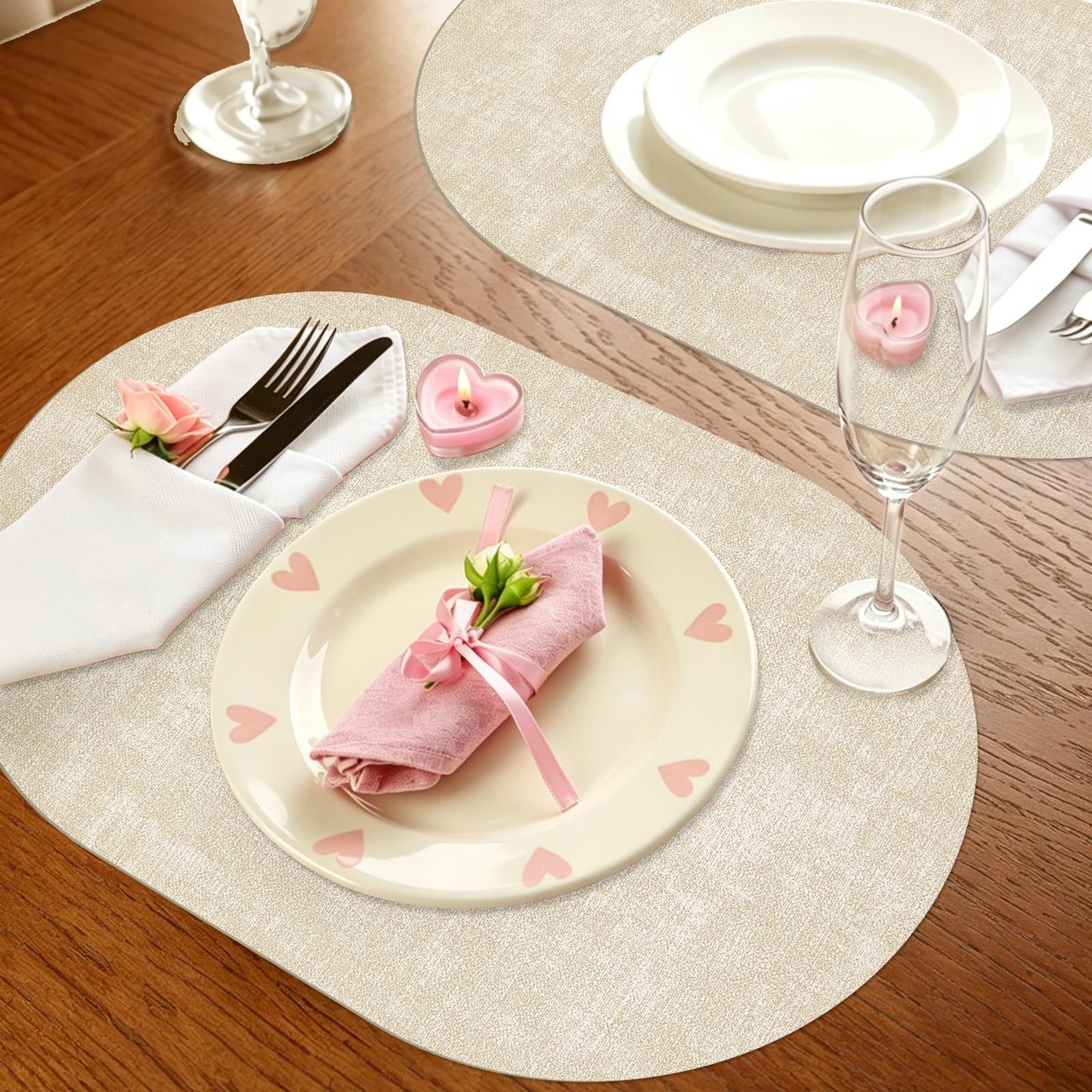 GLASSWINDS Oval Placemats Set of 12 - Washable & Heat Resistant Table Mats, Non-Slip Faux Leather Dining Decor, Waterproof Easy Clean Kitchen Place Mats for Room Coffee Office，Beige