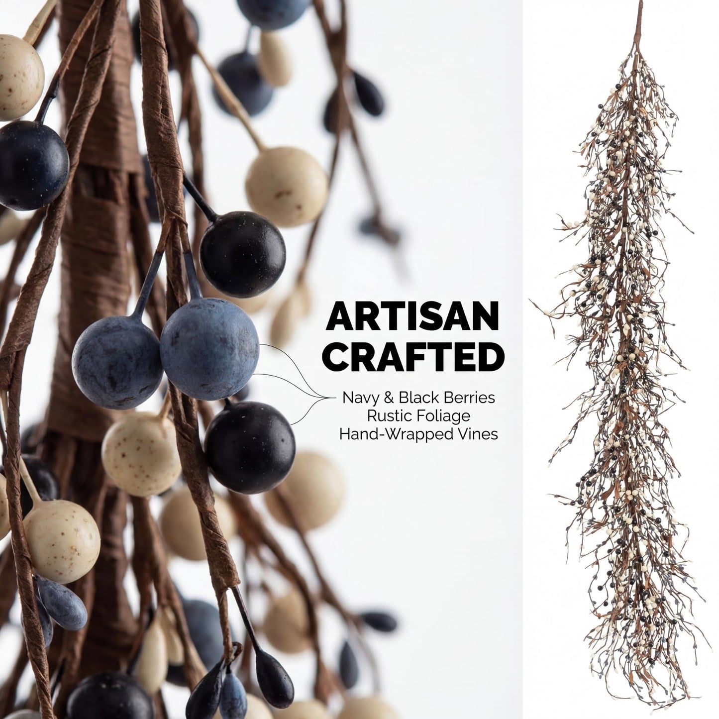 Quixem 60 Inch (5FT) Rustic Navy Blue Black & Cream Pip Berry Garland for Fireplace Mantel & Table Runner, Flexible Wired Artificial Vine, Coastal Farmhouse Decor, Precise Size