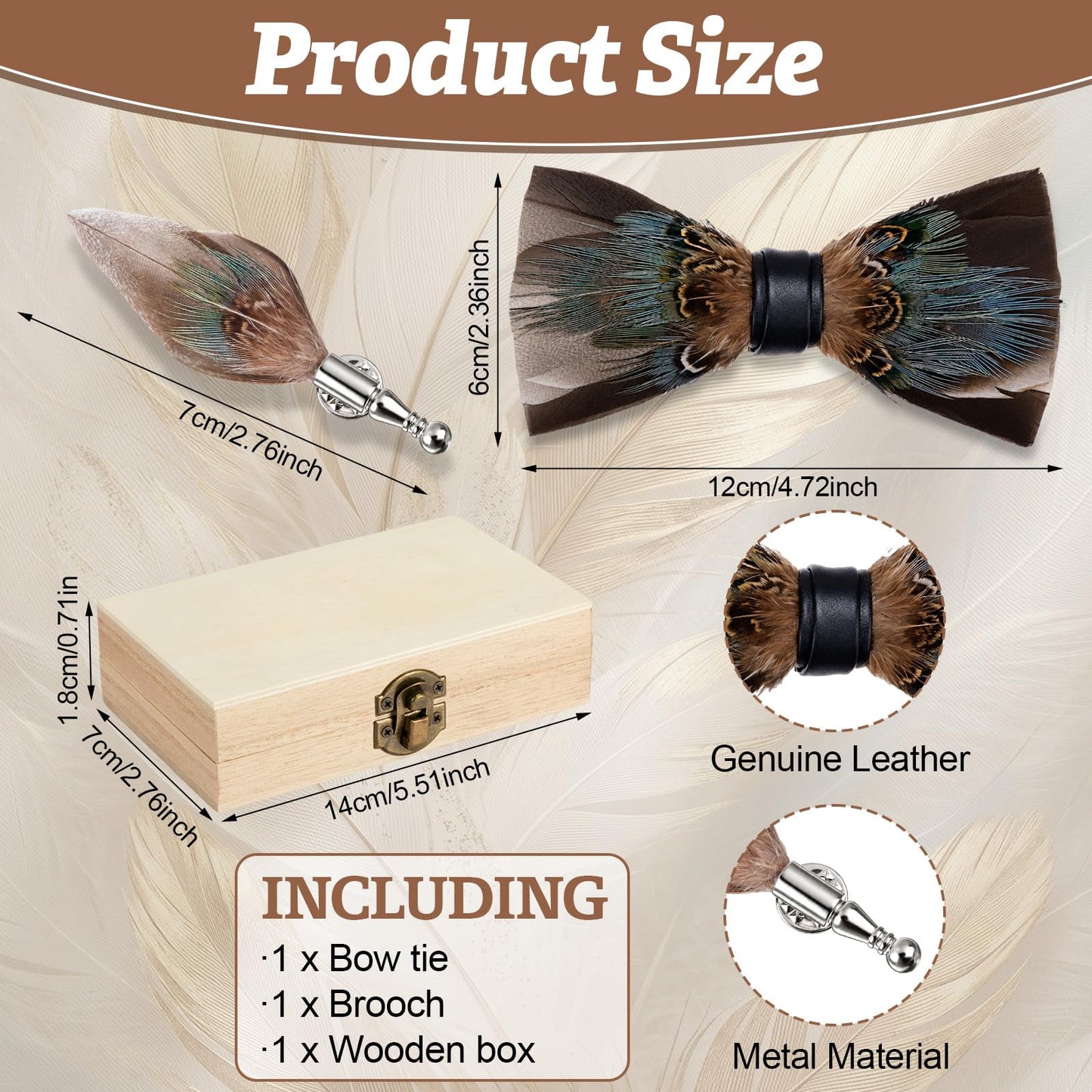 Suhine Pre Tied Feather Bow Tie for Men, Handmade Formal Bow Tie with Brooch, Wood Gift Box Set for Wedding Tuxedo Party (Brown Turquoise)