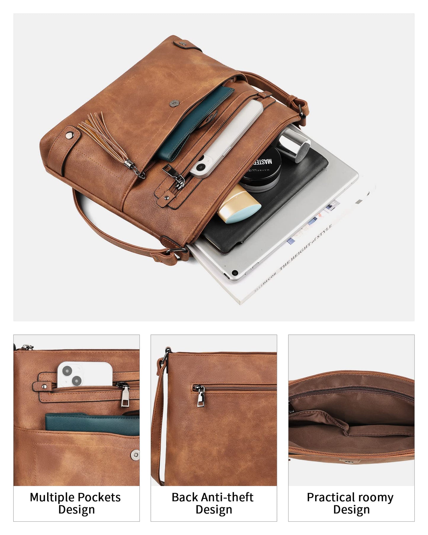 FADEON Large Crossbody Bags Purses for Women Crossbody Bag, Designer Faux Leather Cross Body Purse Multi Pocket Shoulder Bag Brown