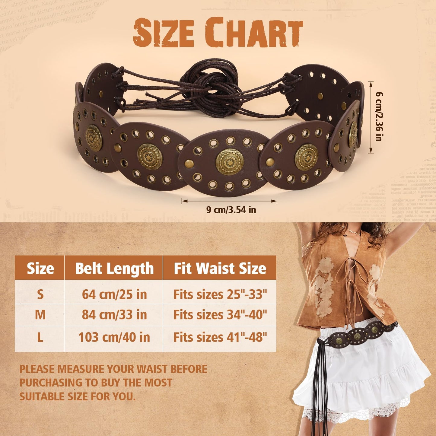 XZQTIVE Women's Boho Disc Belt Concho Western Cowgirl Cowboy Belt for Ladies Wide Vintage Leather Waist Belt for Dress