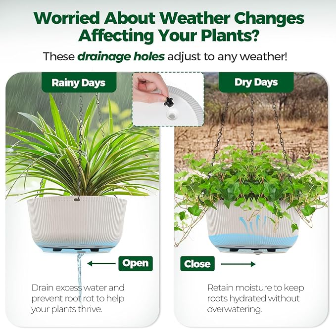 T4U 12 Inch Large Hanging Planters for Outdoor Plants, 2 Pack Self Watering Pots Indoor, Hanging Baskets for Plants,Hanging Flower Pot with Drainage Hole and Plant Hanger, White