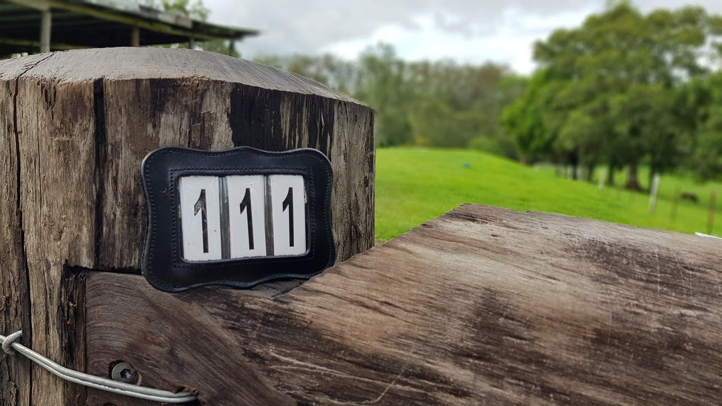 Echo Beach Equestrian Genuine Leather Number Holder Pair for Bridle or Saddle Pad. 3 Digit Easy Change Numbers. Built in Clip for Secure Attachment. 2 Number Holders Included