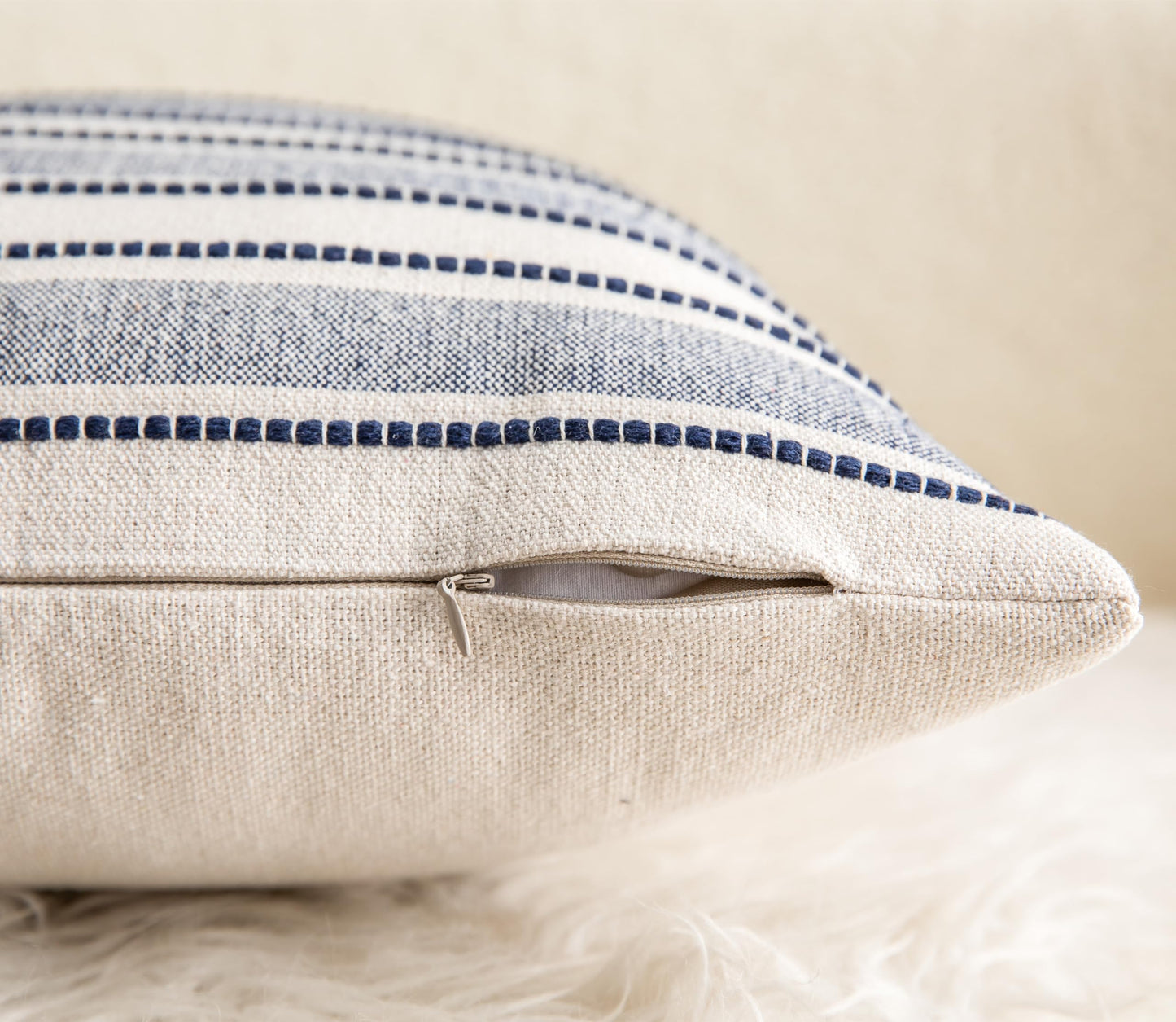 Cethom Decorative Boho Throw Pillow Covers, Farmhouse Textured Pillow Case, 20 x 20 Inch Set of 2, Chair Sofa Bedroom Living Room Decor Couch Cushion Case, Navy Blue and Beige Striped