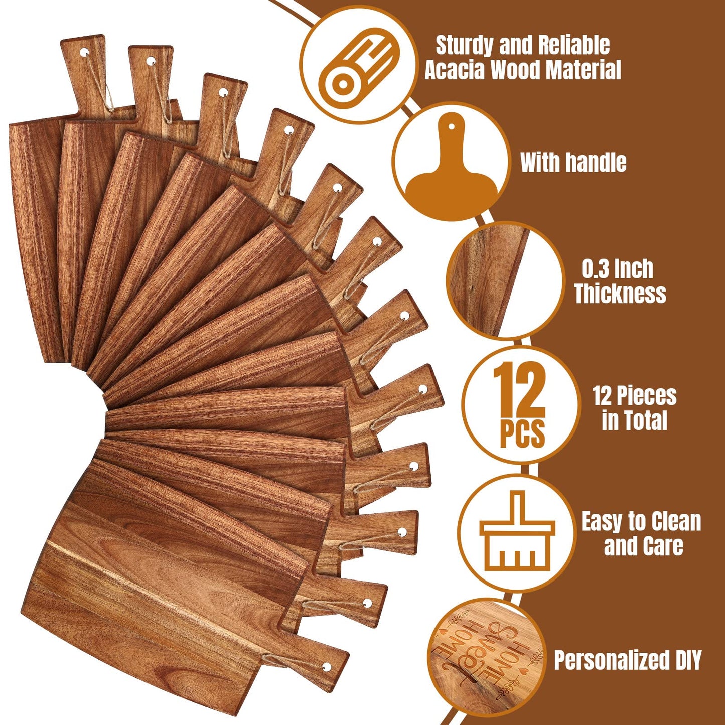 Patelai 12 Packs Wooden Cutting Board Set with Handles Large Kitchen Serving Plain Chopping Board Bulk Gifts for Mom for Vegetables Meat Pizza Cheese Fruit Bread(Acacia Wood,17 x 10 Inch)