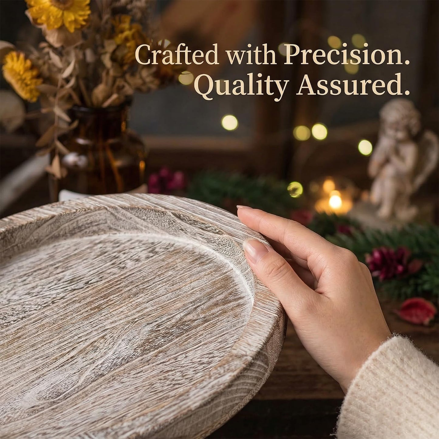 OKSON 3-Pack Round Wooden Candle Plate Holder Trays, Rustic Farmhouse Decorative Round Wood Tray for Coffee Table, Dining, Tealight & Pillar Candles, Party, Wedding, Halloween Home Decor(Whitewash)