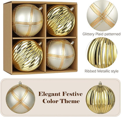 4.7" Large Plastic Christmas Balls Ornaments Set of 4, Glitter Shatterproof Christmas Bulbs Ornaments for Xmas Tree Decorations, Gold and Silver Ornament for Tree, Mantel, Winter, Holiday Party Decor