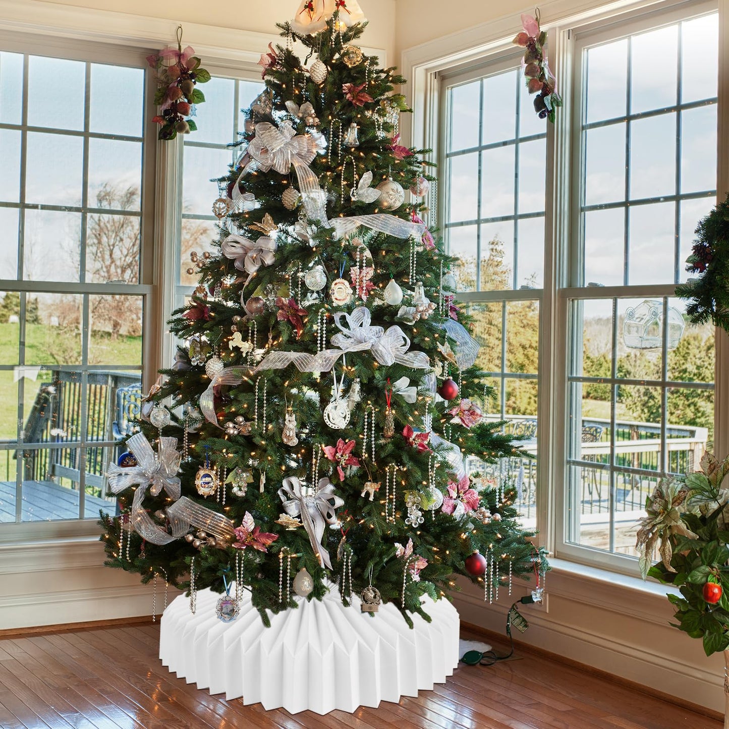succulentlovers 26 Inch Honeycomb Christmas Paper Tree Collar, White Foldable Christmas Tree Ring Skirt Collar, Paper Basket Stand Box Base Cover Fit for 6ft to 9ft Artificial Trees Holiday Decoration