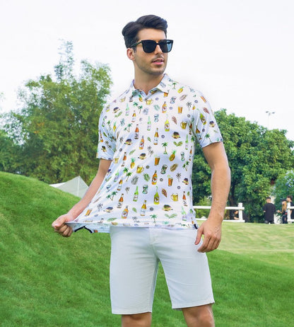 Alex Vando Mens Hawaiian Golf Shirt Moisture Wicking Digital Print Golf Shirts for Men,White Beer,XL