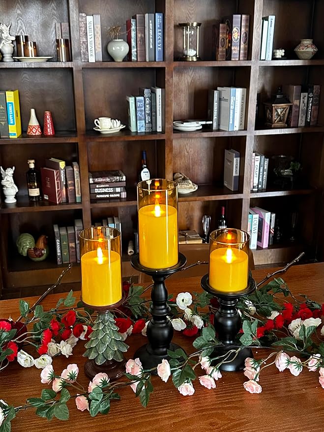 Upinmz Gold Acrylic Flameless Candles with Remote Control and Timers，Battery Operated Candles，LED Pillar Candles with Dancing Flame ，for Home Decorations ，Set of 3