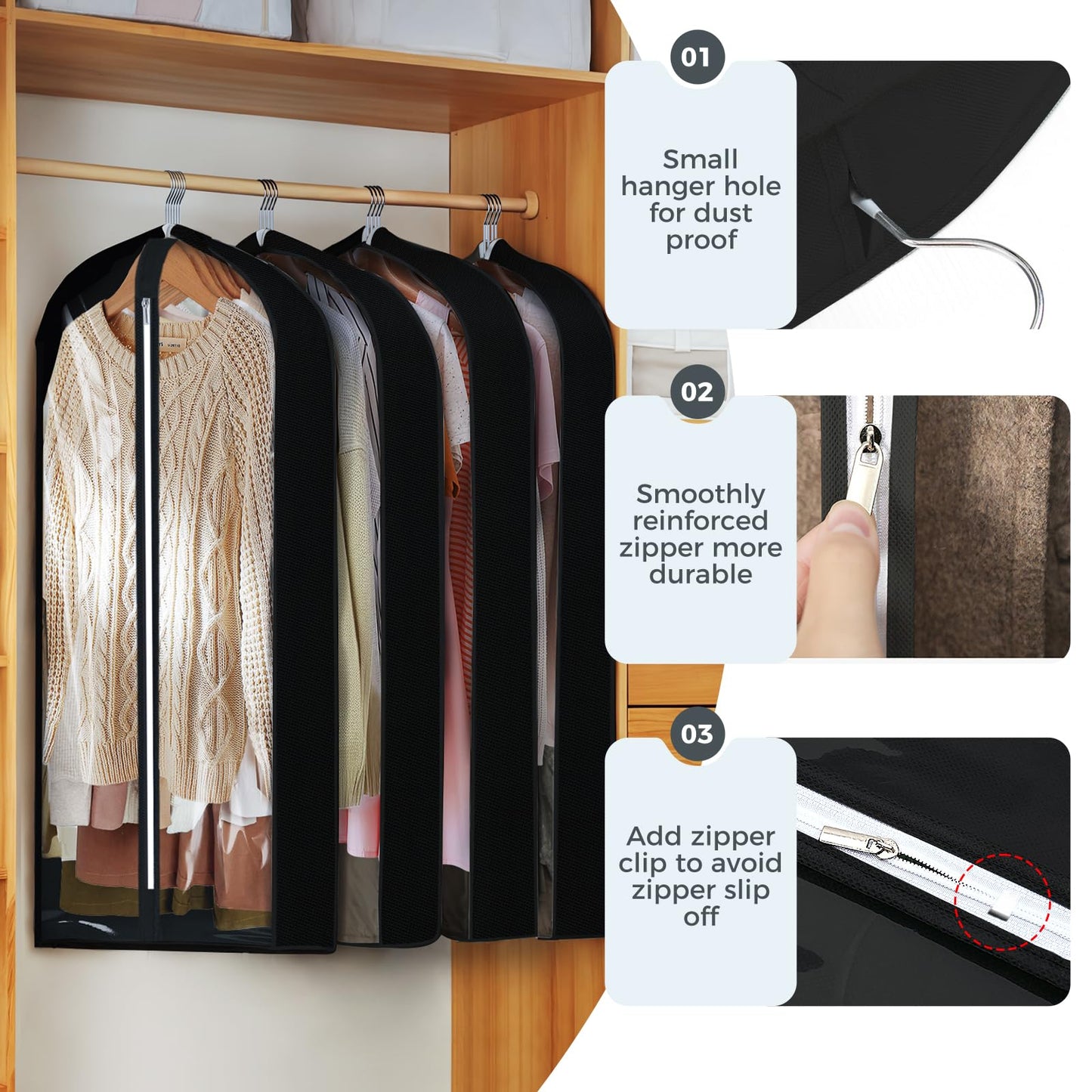 6 Pcs 40" Garment Bags for Hanging Clothes, Clear Suit Bags for Closet Storage Clothing Storage, Garment Bags Shoulder Covers with 4" Gussets for Coats, Jackets, Shirts and Sweater, Black