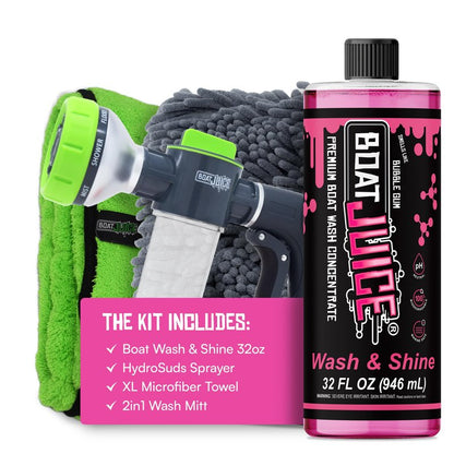 Boat Juice Boat Wash Kit | pH Neutral Soap Boat Cleaner | HydroSuds Sprayer, 2in1 Wash Mitt, XL Microfiber Towel | Bubble Gum Scent | Marine Detailing & Cleaning | Made in USA (32oz)