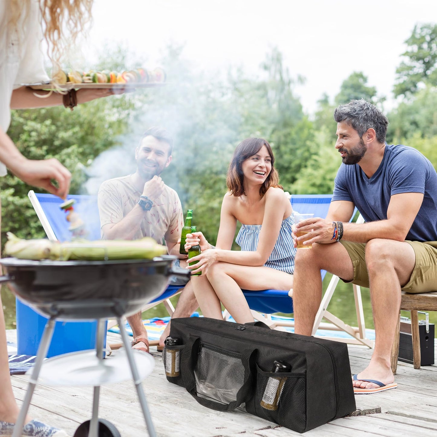Frjjthchy Grill Tool Storage Bag, Large Grill Utensil Storage Caddy with Pockets, Portable Grill Accessory Storage Bag for Outdoor Camping & BBQ (Black)