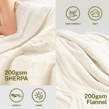 Heat Blanket 50”x60” Throw,Soft Flannel & Sherpa Reversible Electric Blanket with 10 Heat Settings,12 Timer Setting and 3 Hours Auto-Shut Off,ETL Certified Machine Washable,Light Brown