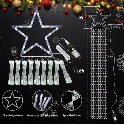 Nielfoi 12FT 344 LED Christmas Tree Lights, Plug in Waterfall String Lights with Topper Star, Waterproof 8 Modes Outdoor Christmas Decorations for Indoor Patio Yard Lawn Party, Warm White
