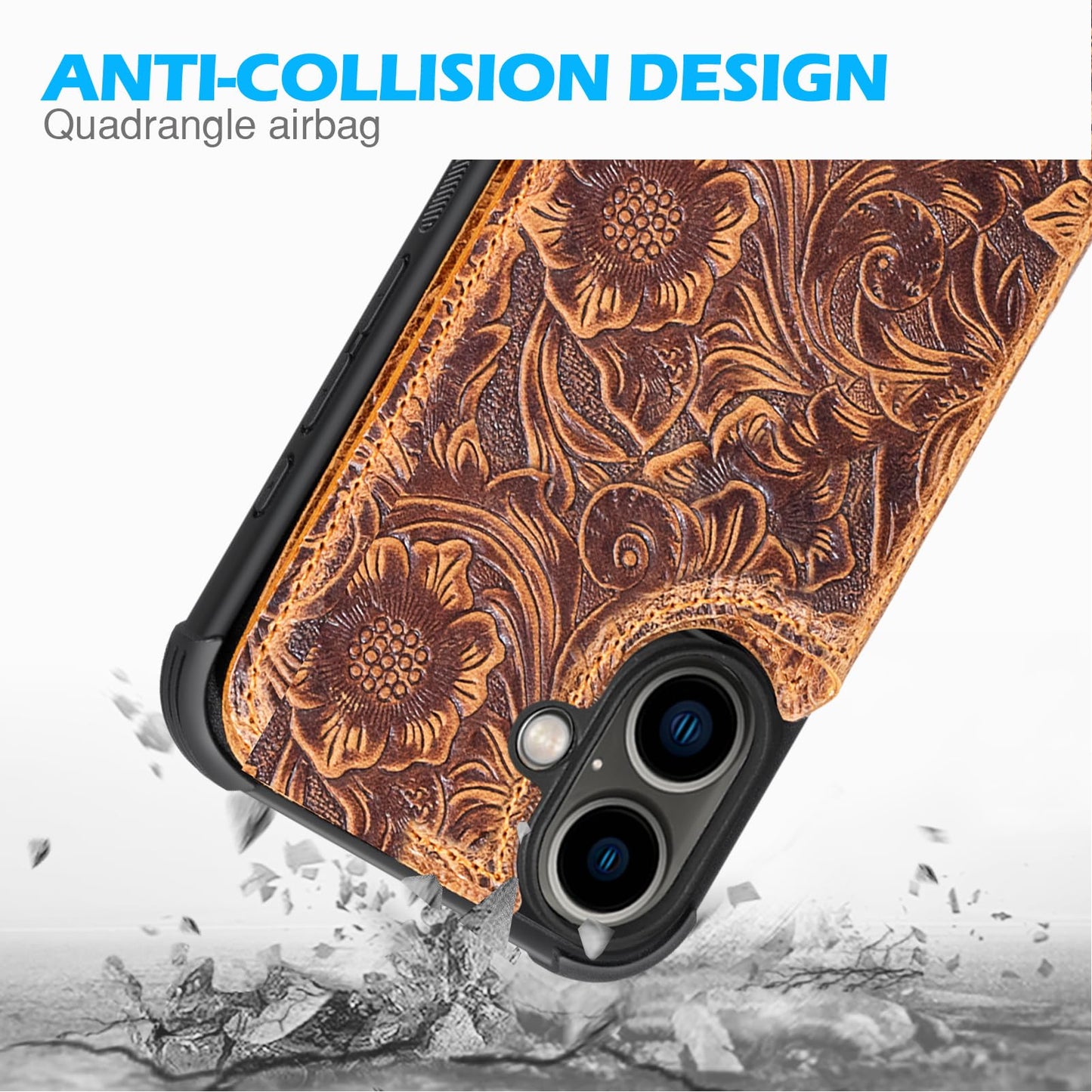 RMAWRAD Wallet Real Leather Case Compatible with iPhone 16 6.1" ，Genuine Leather，Shockproof, Anti-Fall Case, Flip Cover, with Card Slot, Double Magnetic Buckle, Kickstand, Durable Brown