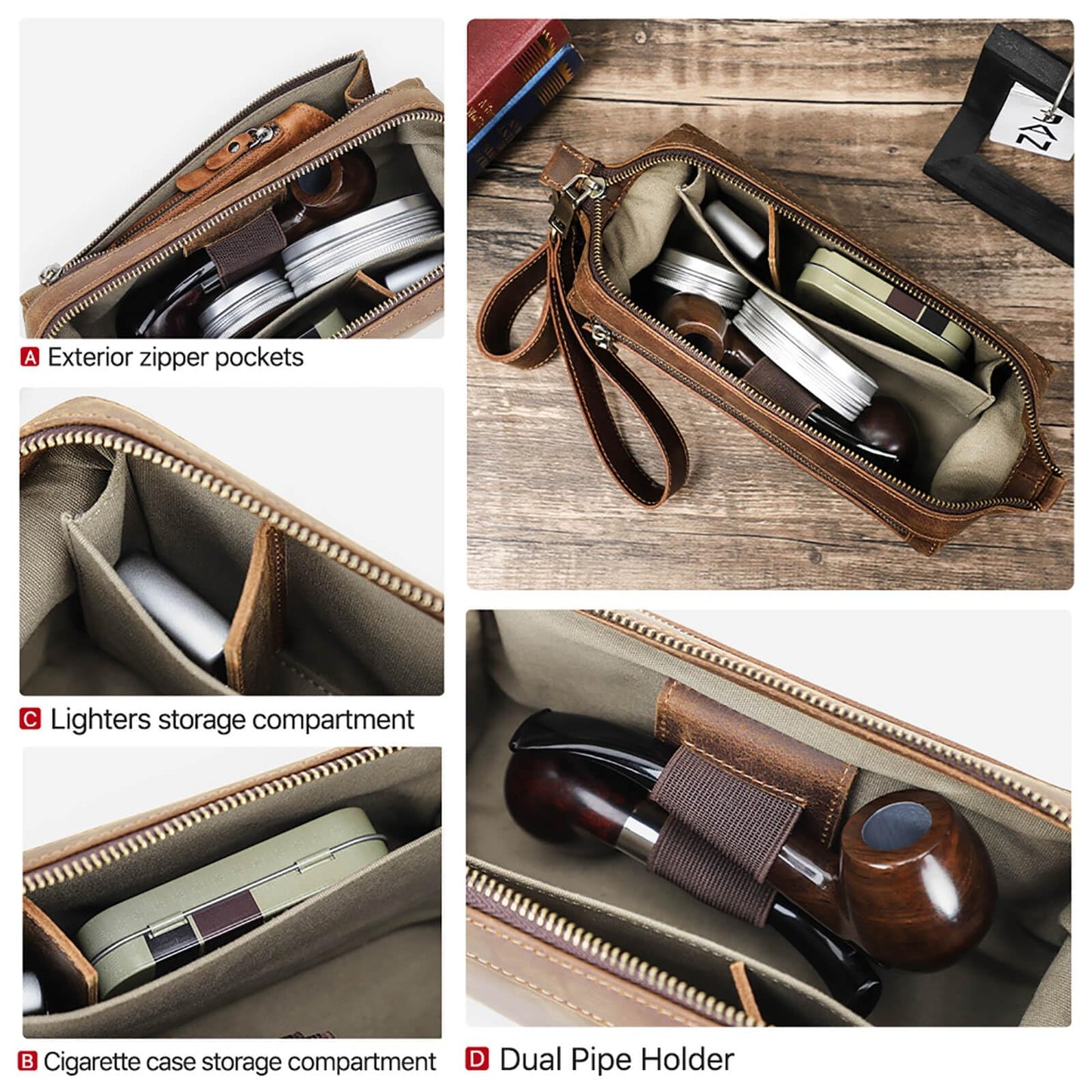 Hiram Handcrafted Travel Pipe Tobacco Pouch Pipe Support Stand Full Grain Leather Smoking Pipe Accessories Organizer for 2 Pipes,Lighters,Cigarette Accessories（only pouch case）