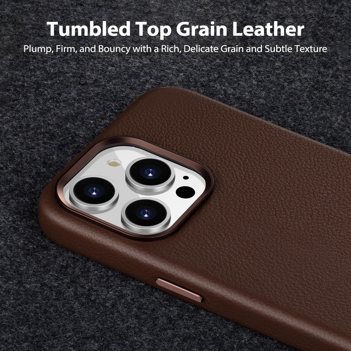 Belemay Compatible with iPhone 15 Pro Max Leather Case, Compatible with MagSafe - Luxury Tumbled Leather - Metal Buttons & Lens Protector - Slim Fit&Durable - Distinctive Texture (6.7-inch) - Brown
