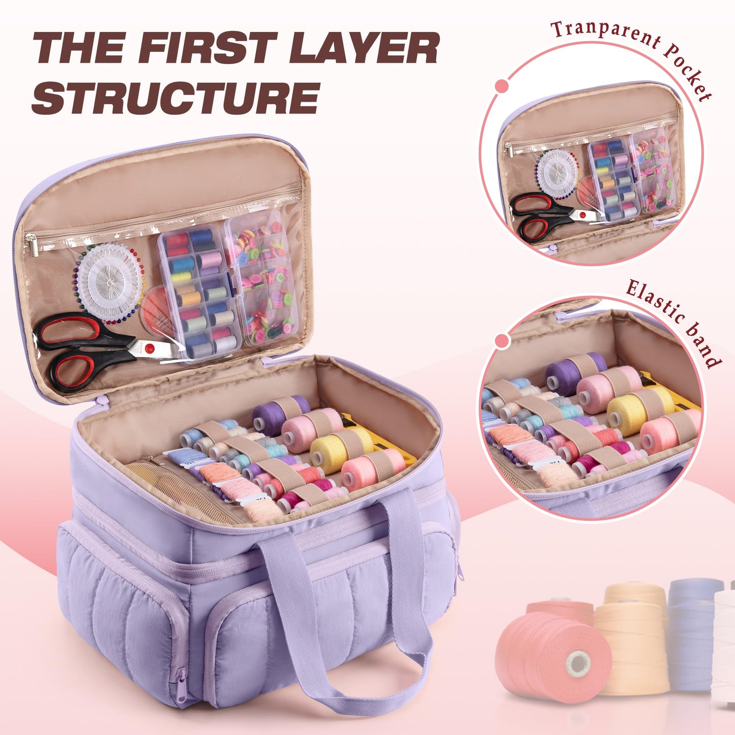 Marscamd Puffer Sewing Organizer Bag, Large Capacity with Multiple Pockets and Detachable Dividers, Storage Box for Threads, Needles, Scissors, Craft Supplies, Purple (Bag ONLY, NO Supplies)