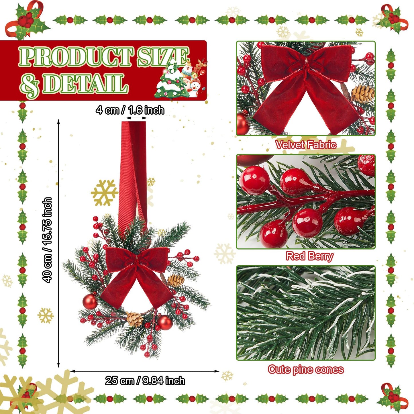 Maysing 6 Pcs 9.8" Small Christmas Wreath with Ribbon Mini Kitchen Cabinet Wreath Christmas Berry Pine Bow Decorations for Xmas Chair Back, Front Door, Window, Wall Farmhouse Decor(Red,Classic)