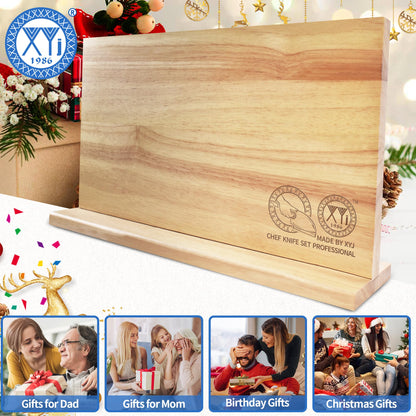 XYJ Authentic Since 1986, Magnetic Knife Block, Double Side Kitchen Knife Stand, Acacia Wood, Magnetic Knife Holder with Strong Enhanced Magnets,Knives Storage Rack Stand for Home Kitchen