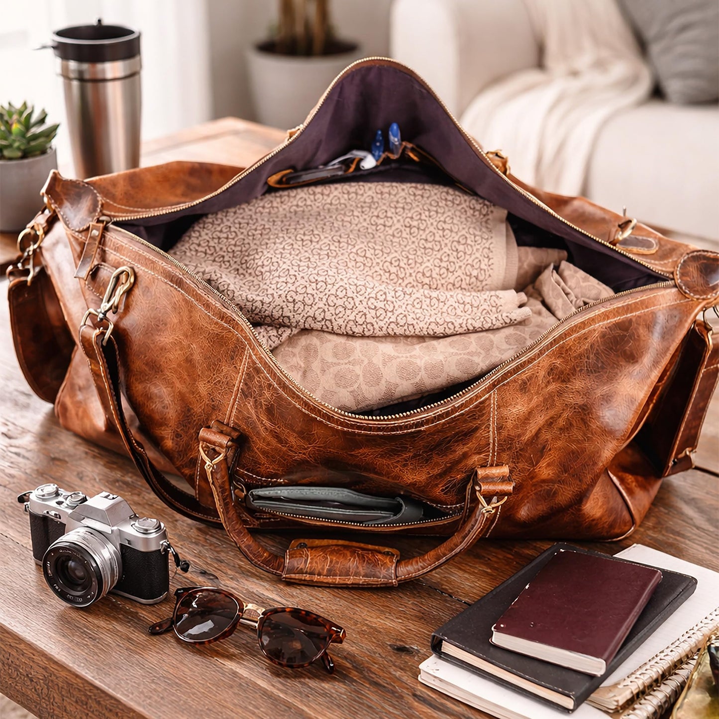 DEBKIN JOURNEY 22 Inch Top Grain Buffalo Leather Duffle Bag for Men & Women - Weekender Sports Travel Shoulder Bags, Aeroplane Hand Luggage Men Duffle Bag
