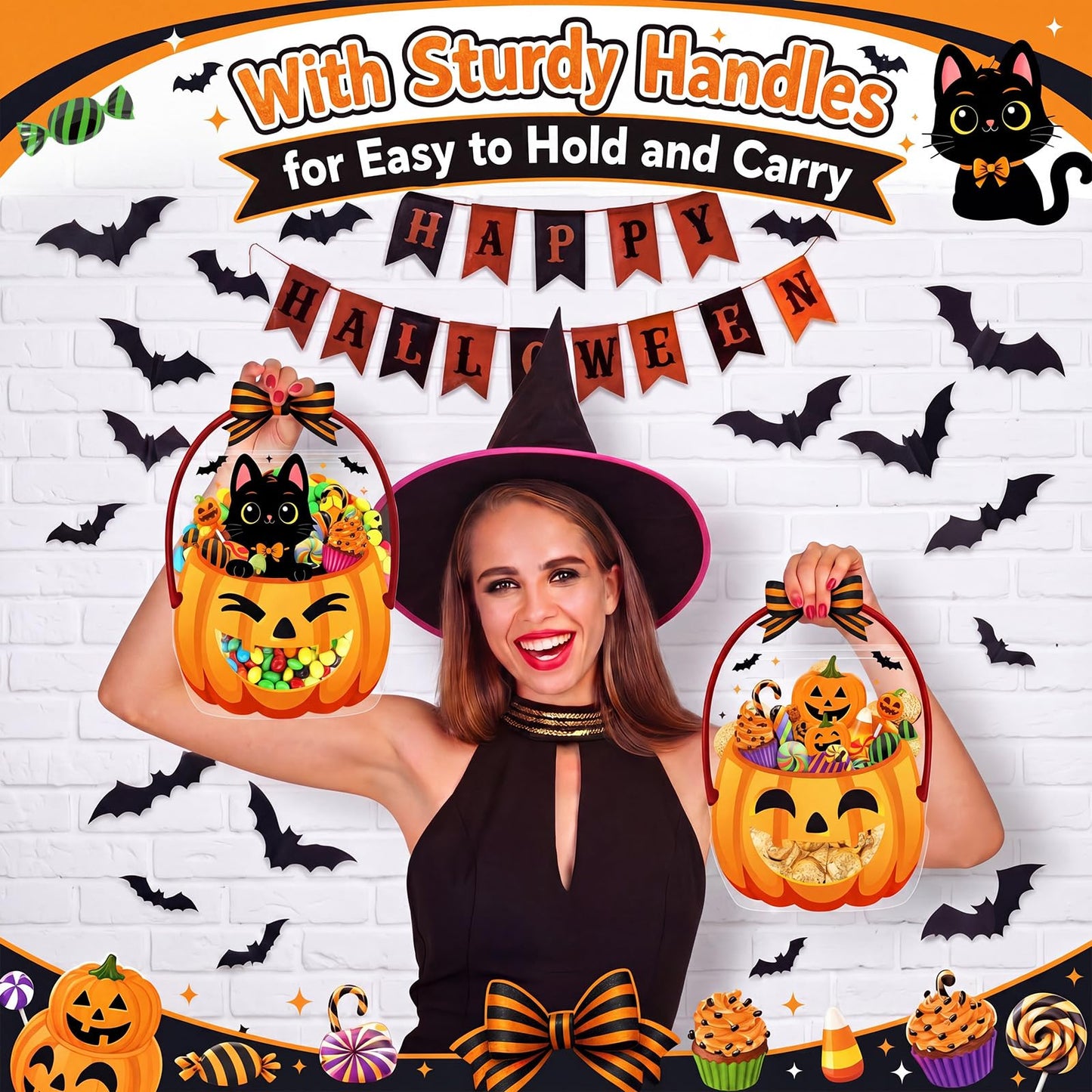 Fuutreo 50 Pcs Halloween Plastic Bags Clear Black Cat Pumpkin Sealed Gift Pouches with Handles Resealable Scary Holiday Favor Bags for Halloween Holiday Party Candy Gift Wrapping Supplies Decoration