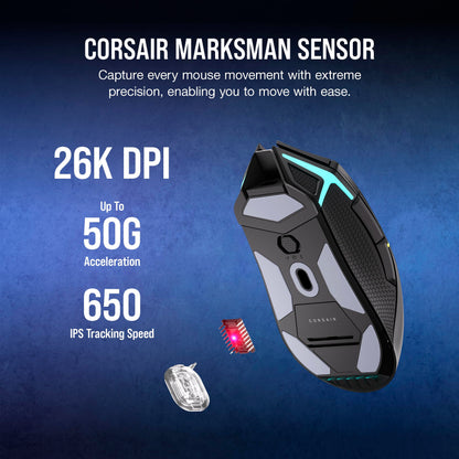 Corsair NIGHTSABRE RGB Wireless Gaming Mouse for FPS, MOBA - 26,000 DPI - 11 Programmable Buttons - Up to 100hrs Battery - iCUE Compatible - Black