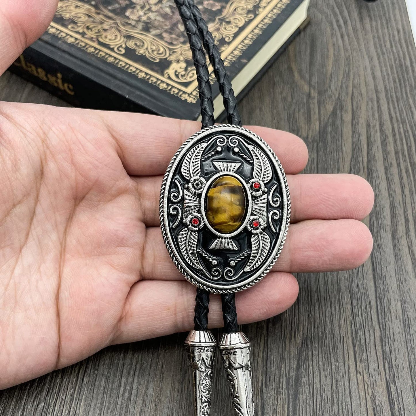YOQUCOL Vintage Indian Art Tiger Eye Stone Black Bolo Tie American Western Cowboy Leather Necktie for Men Women