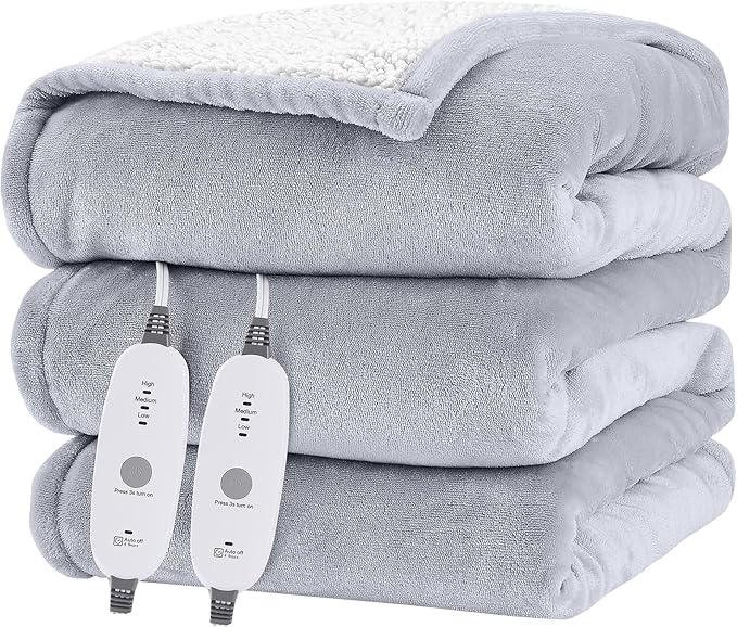 HYLEORY Heated Electric Blanket Queen 84"x90" Soft Fleece & Flannel with 5 Heating Levels & 10 Hours Timer Auto Shutt Off, ETL Certified, Washable，Heated Blanket for Body-Light Grey