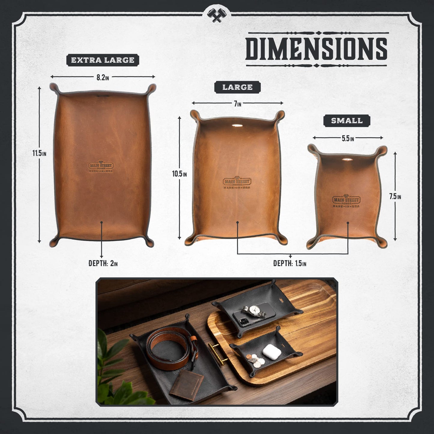 Main Street Forge Leather Valet Tray for Men – Rustic EDC Organizer for Keys, Phone & Wallet – Made in USA – Bootlegger Brown