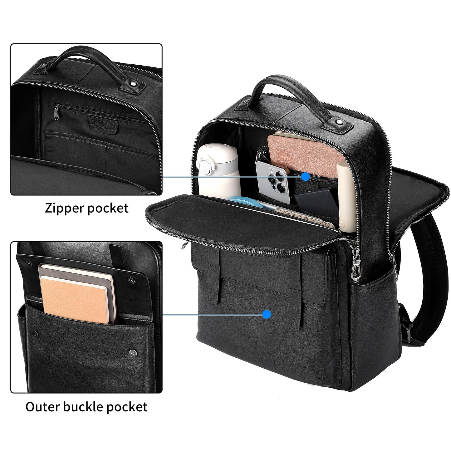 Colins Keirs Men's Black Leather Backpack for Work Travel, Durable Genuine Leather Laptop Backpack with 15.6-inch Computer Compartment, Stylish Professional Designer