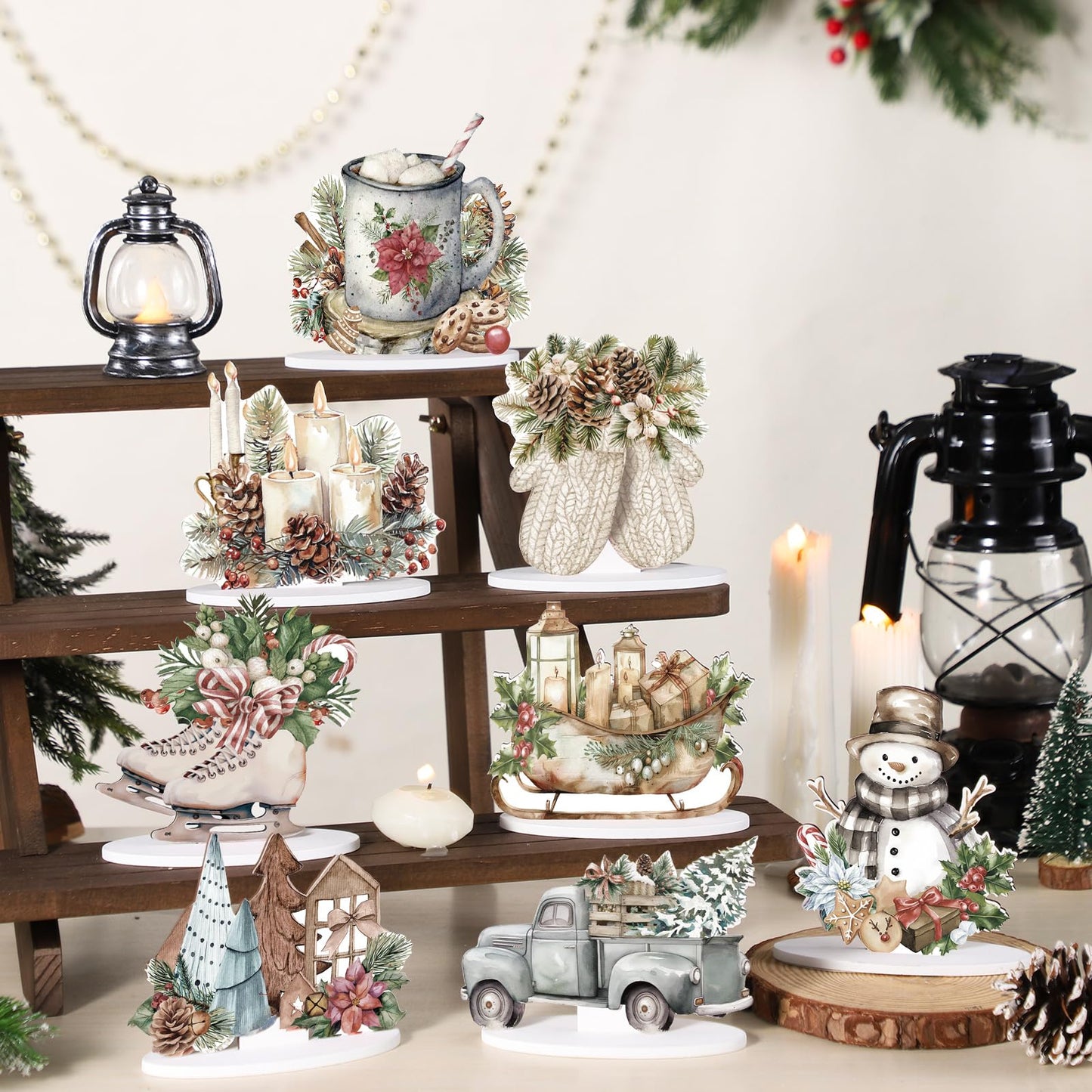 Yousoontic 12Pcs Christmas Rustic Wooden Centerpieces Decorations Winter Santa Snowman Elk Gnome Snowflake Xmas Tree Wooden Signs Farmhouse Tabletop Centerpieces Home Decor for Winter Holiday Dinner