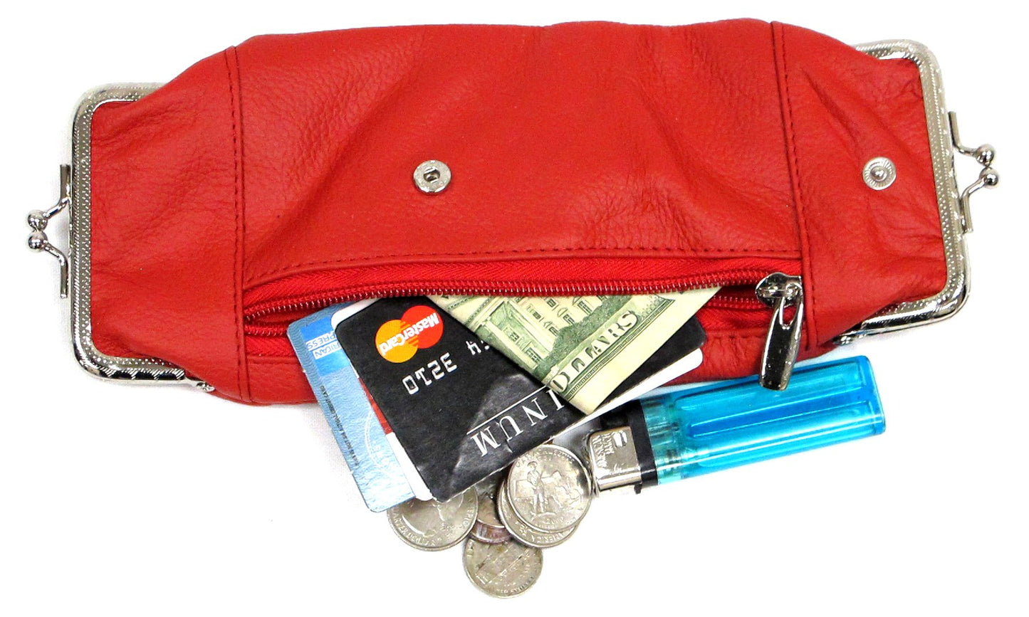 Deluxe Genuine Leather Cigarette and Lighter Case with Zipper Pocket Twist Clasp Kiss Lock Closure Fit 100's -Red