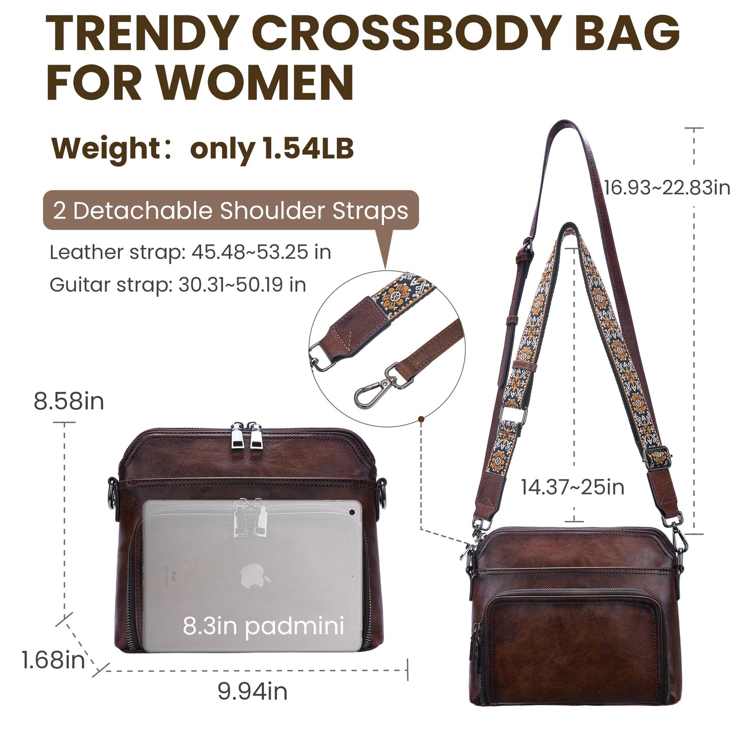 HESHE Genuine Leather Crossbody Bags for Women Satchel Purses Shoulder Handbags with 2 Adjustable Strap Hobo Purse (Coffee)
