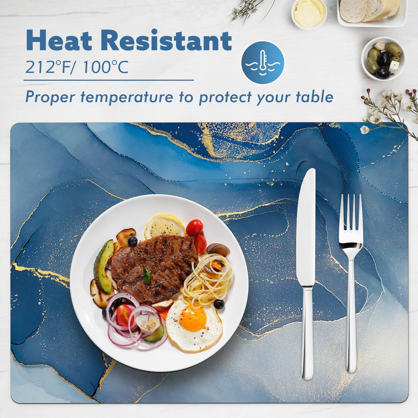 Aimego Marble Placemats Set of 4 - Blue and Gold Faux Leather Table Place Mats Set Wipe Clean Waterproof Heat Resistant Anti Slip Washable Placemat for Indoor Outdoor Kitchen Dining Table, 17" x 12"