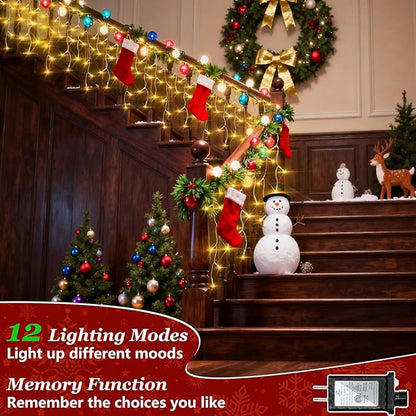 504 LED Fairy lights for Bedroom, 50ft Christmas Window Lights with 112 Drops 12 Modes, Dimmable Curtain Lights, String Lights Indoor Outdoor for Holiday Wedding Party Home Decorations, Warm White