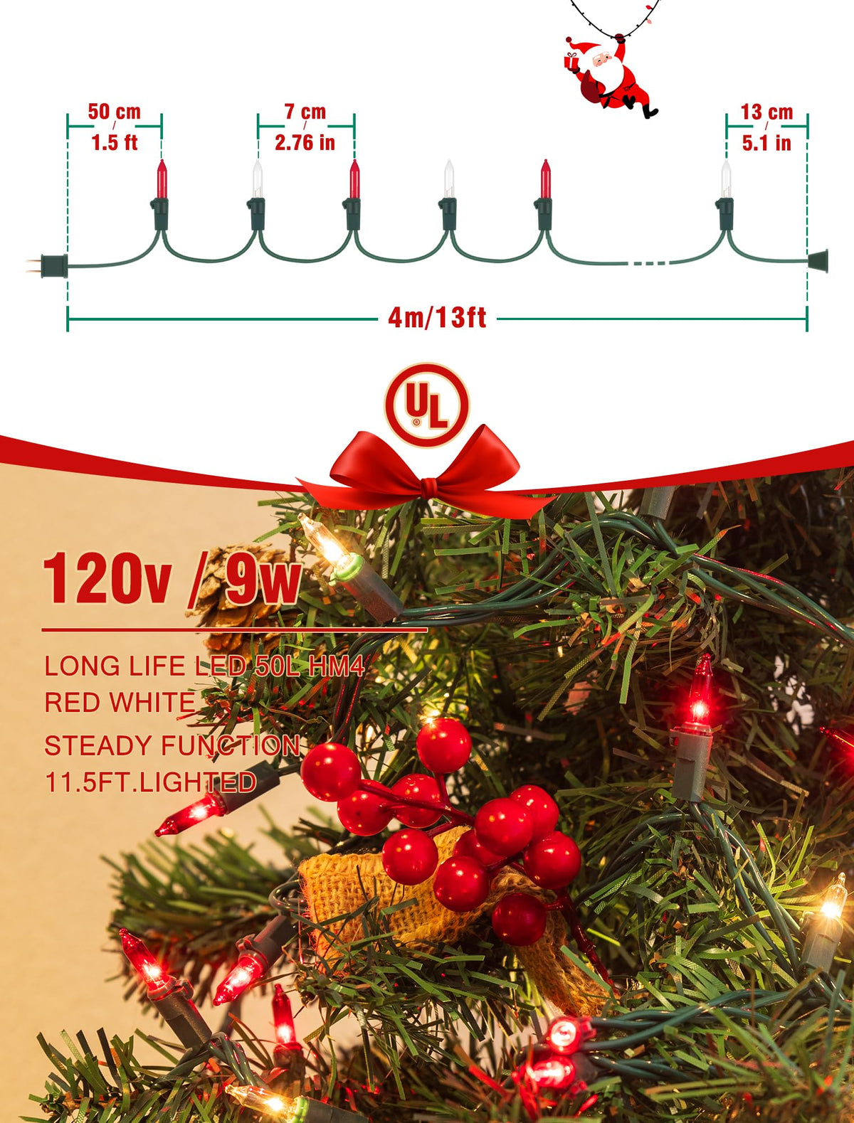 Hopolon Christmas String Lights, 50 Count, 13FT Connectable Mini Lights, Red and Warm White, Waterproof, Incandescent, Model QX-50-1-M