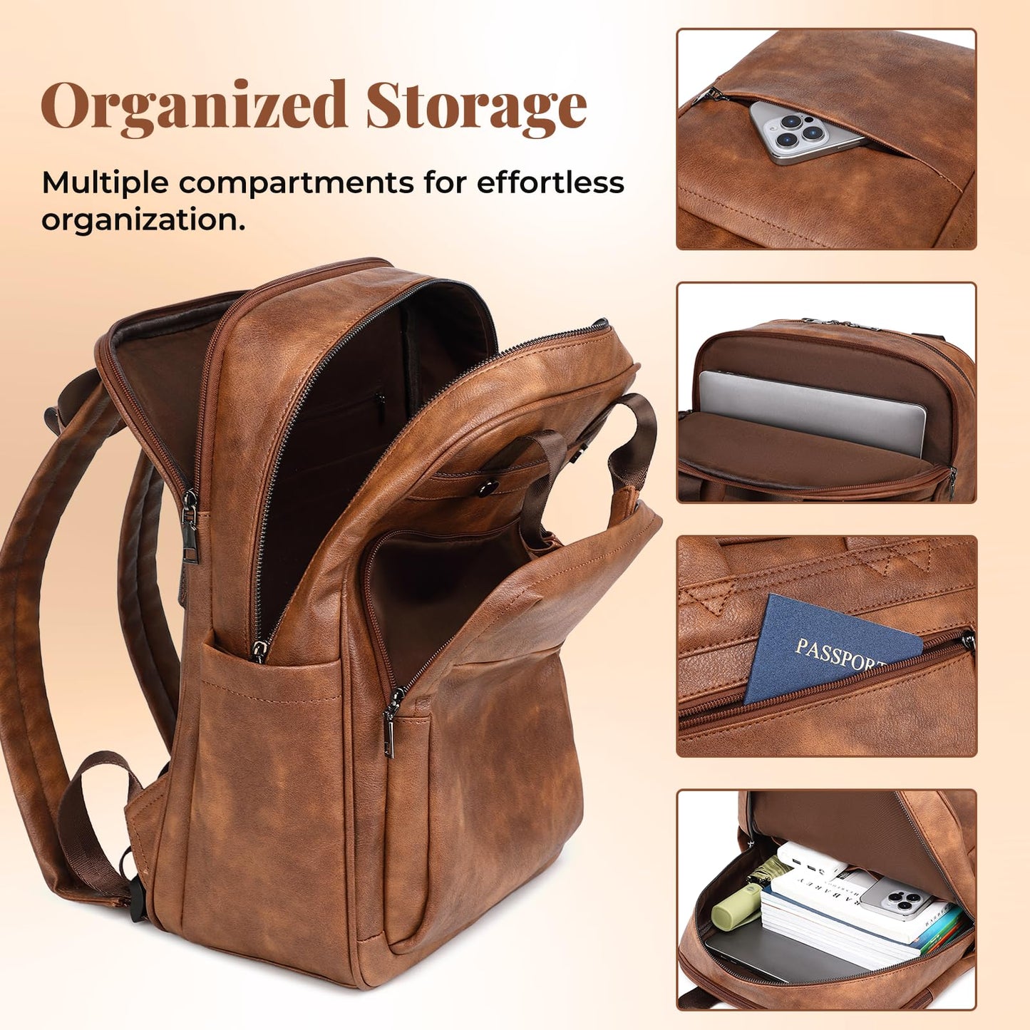 Rcrirth PU Leather Laptop Backpack Women for Travel | 17 Inch Laptop Bag for Women - Large Capacity Teacher Nurse Computer Bag for Work College School (Brown)