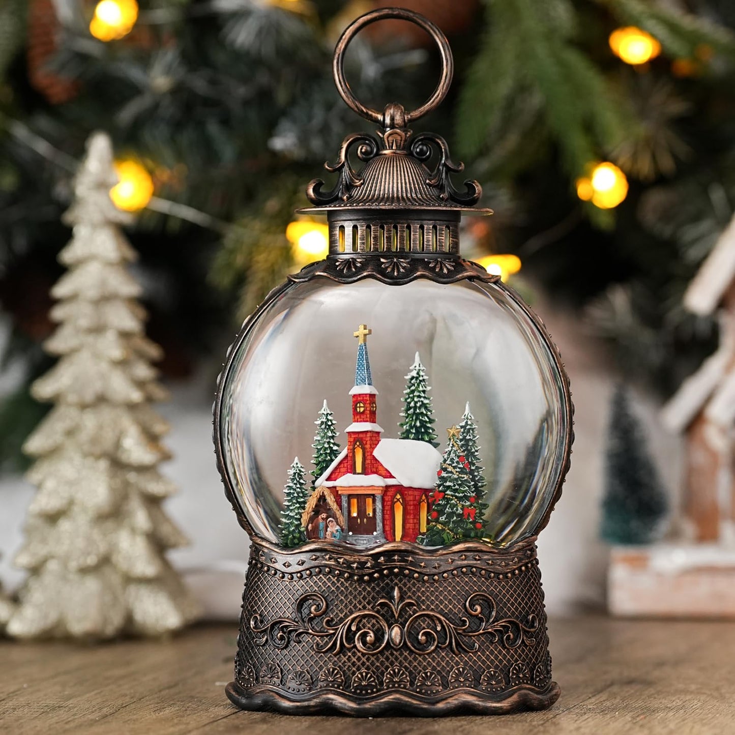 Snow Globe with Church, Light Up Christmas Snow Globes with Music Timer - USB Plug or Battery Operated Glitter Globe Indoor Christmas Decorations