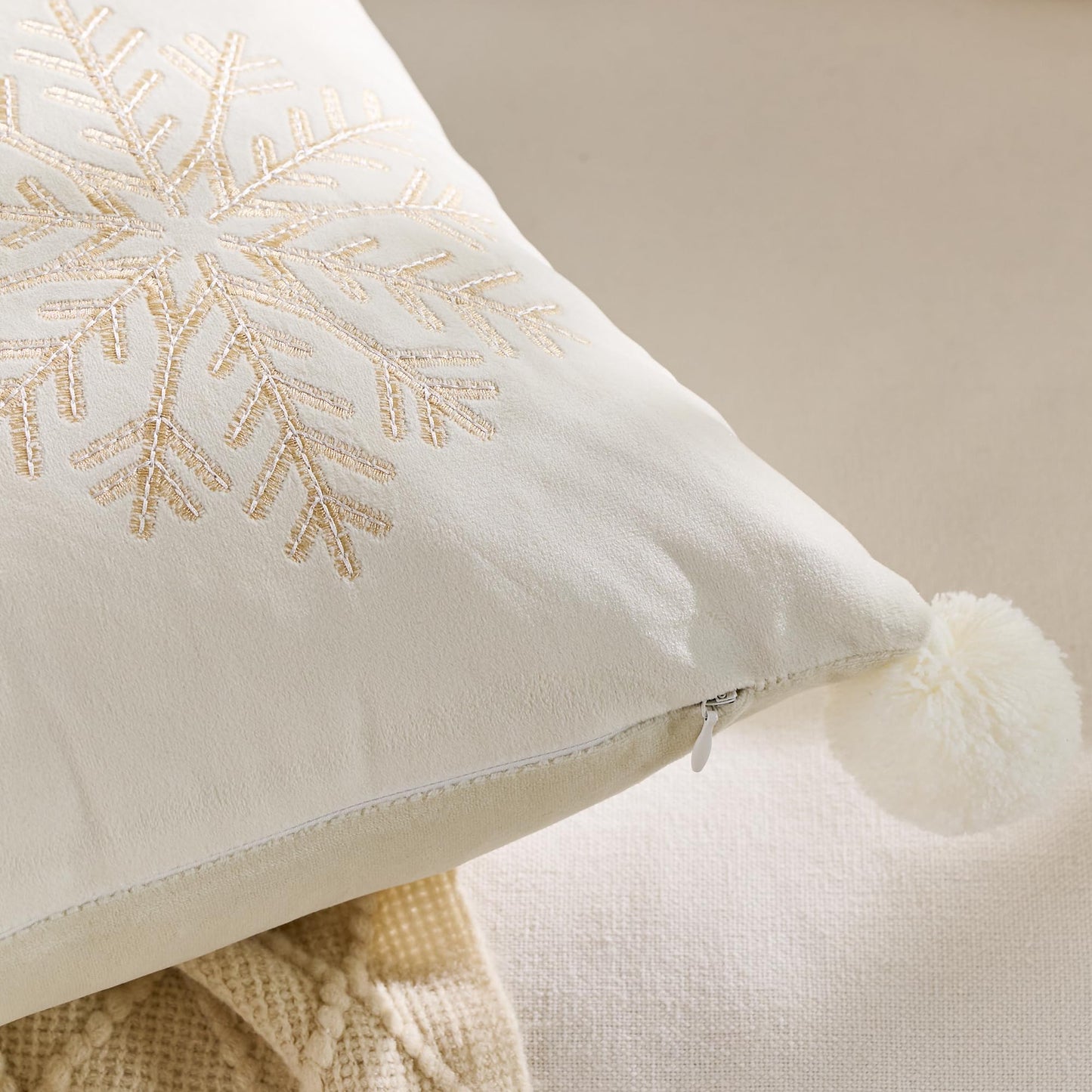 KINDREX Christmas Pom poms Snowflake Throw Pillow Covers 18x18 Set of 2 Winter Holiday Decorative Embroidered Soft Velvet Accent Pillowcase for Sofa Couch Bed Living Room Festivals Home Decor,White