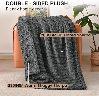 PHF Fluffy Sherpa Blanket Twin Size for Winter, Warm and Soft, 510GSM 3D Jacquard Thick Shaggy Fleece Plush Blanket for Sofa Bed, Dark Grey, 60"x80"