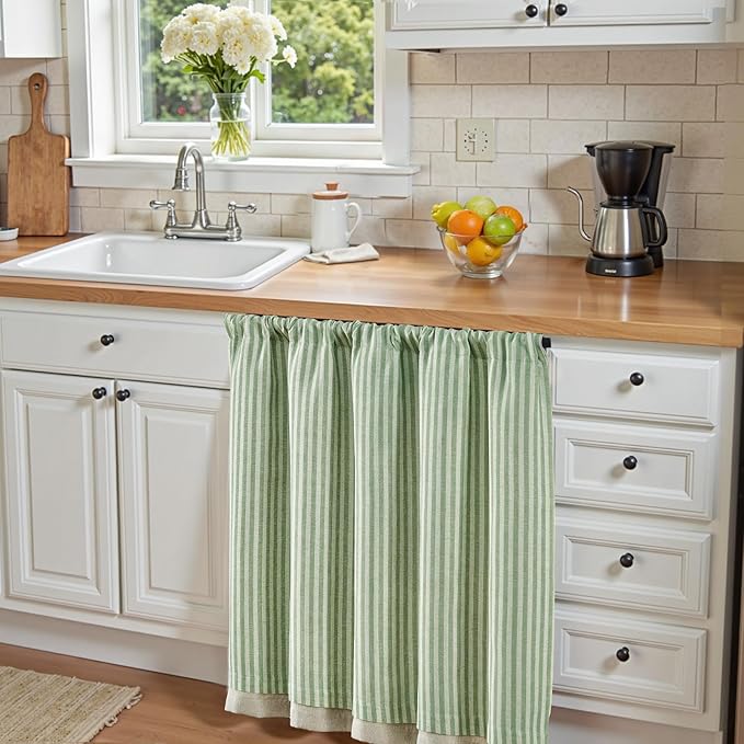 jinchan Double Layer Striped Linen Kitchen Tier Curtain Rustic Cafe for Living Room Bathroom Half Window Curtain Light Filtering Rod Pocket 1 Panel 24 Inch Sage Green