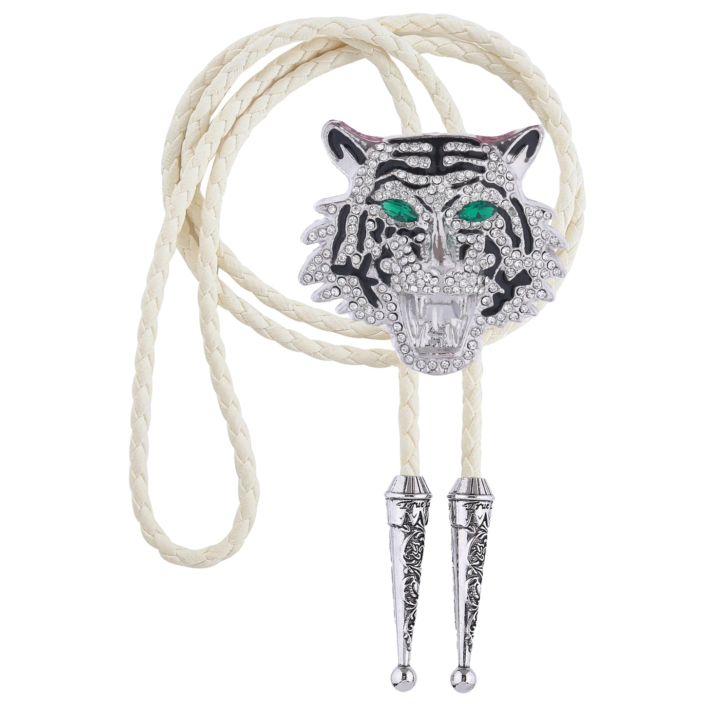 GelConnie Rhinestone Bolo Tie for Women Full Rhinestone Tiger Head Silver Bolo Tie for Men Wedding White Leather Cord Cowboy Ties